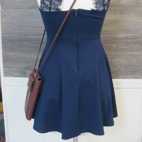 LULUS NAVY BLUE SKATER DRESS EYELASH LACE TRIM - Picture 10 of 10